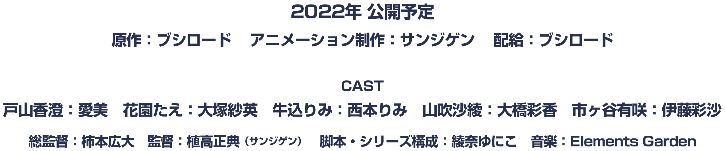 2022年 公開予定 原作：ブシロード アニメーション制作：サンジゲン 配給：ブシロード CAST 戸山香澄：愛美　花園たえ：大塚紗英　牛込りみ：西本りみ　山吹沙綾：大橋彩香　市ヶ谷有咲：伊藤彩沙 総監督：柿本広大　監督：植高正典（サンジゲン）　脚本・シリーズ構成：綾奈ゆにこ　音楽：Elements Garden