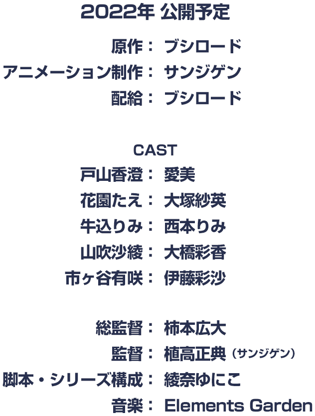 2022年 公開予定 原作：ブシロード アニメーション制作：サンジゲン 配給：ブシロード CAST 戸山香澄：愛美　花園たえ：大塚紗英　牛込りみ：西本りみ　山吹沙綾：大橋彩香　市ヶ谷有咲：伊藤彩沙 総監督：柿本広大　監督：植高正典（サンジゲン）　脚本・シリーズ構成：綾奈ゆにこ　音楽：Elements Garden